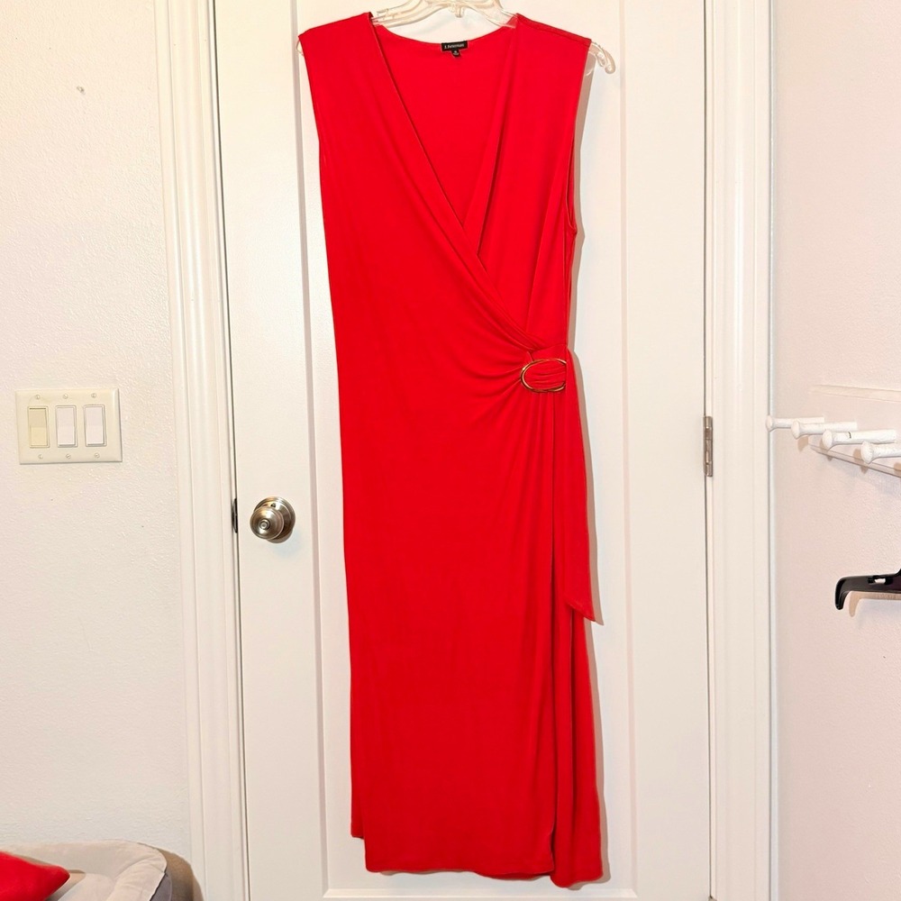 J. Peterman Red Wrap Midi Dress 18 Plus Sleeveless V-Neck Rayon Buckle